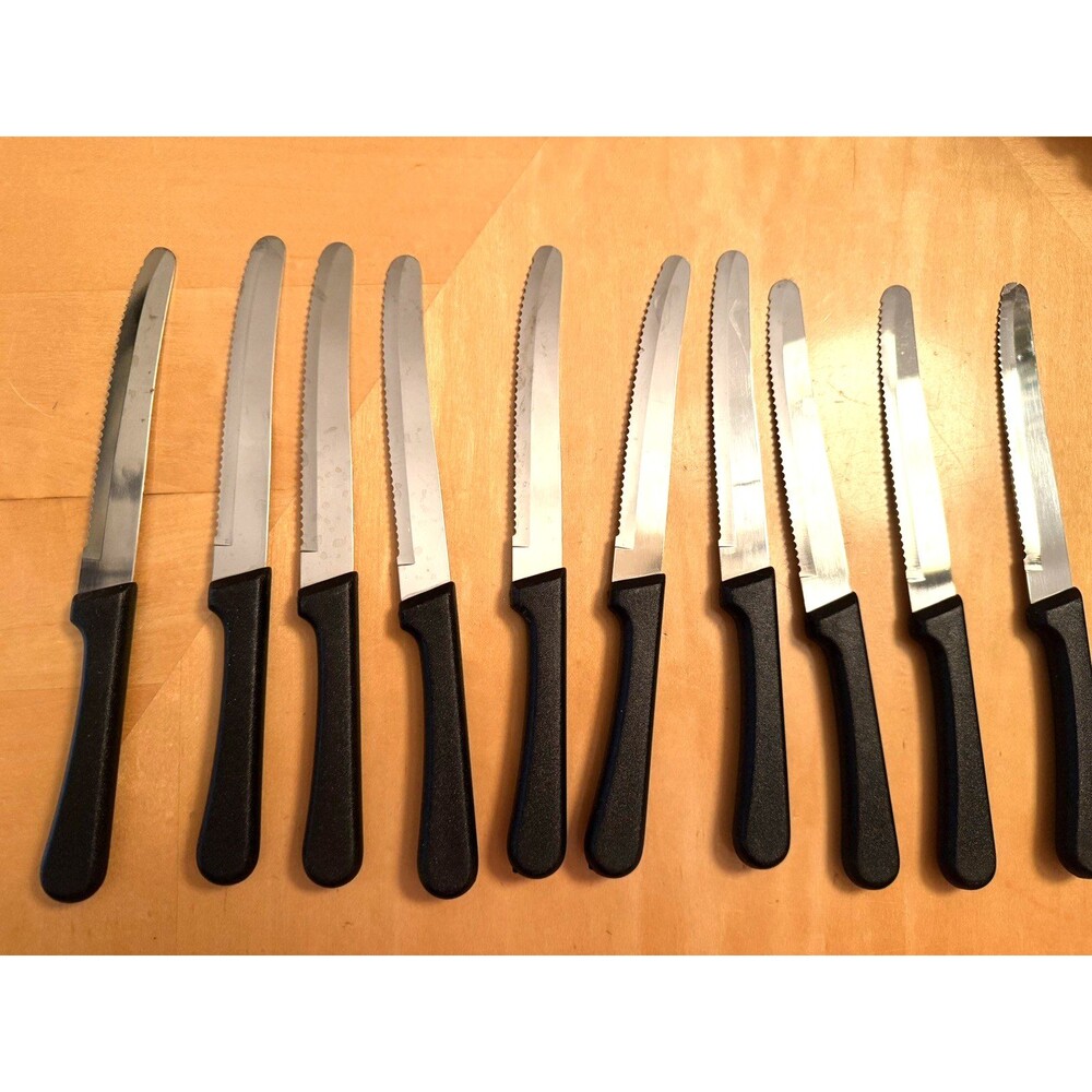 10 pc Lot Black Plastic Handle Tramontina Serrated Dinner Knives Brazil 515